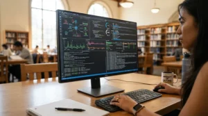 A refurbished laptop for college students displaying a battery health report screen on campus.