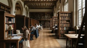 A refurbished laptop for college students open on a large wooden table in a university library.