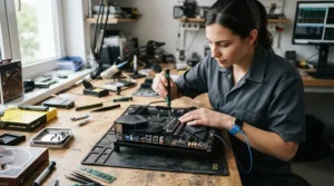 A refurbished laptop for college students undergoing a solid state drive hardware upgrade.
