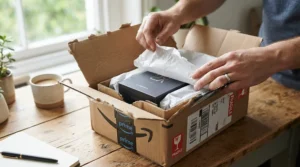 A refurbished laptop for college students being unboxed from a certified renewable package.